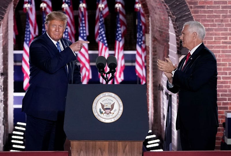 President Donald Trump attends Mike Pence’s acceptance speech for the vice presidential nomination during the Republican National Convention at Fort McHenry National Monument on August 26, 2020 in Baltimore, Maryland. The convention is being held virtually due to the coronavirus pandemic but includes speeches from various locations including Charlotte, North Carolina, Washington, DC, and Baltimore, Maryland. (Photo by Drew Angerer/Getty Images)