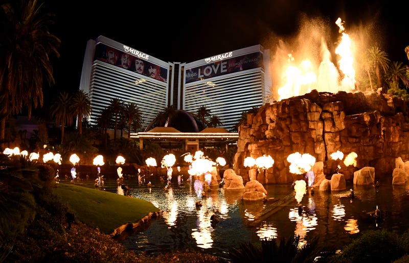 The volcano erupts in front of the Mirage Resort on the Las Vegas Strip