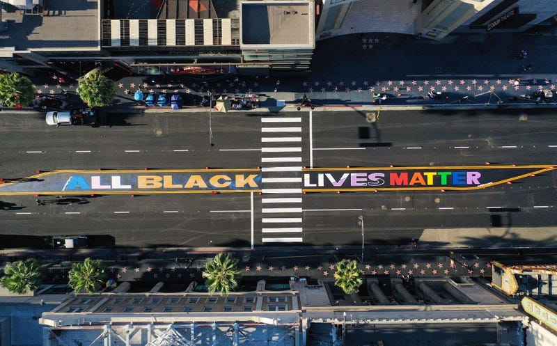 An aerial view of the new permanent 'All Black Lives Matter' mural after it was painted on Hollywood Boulevard on August 28, 2020 in Los Angeles, California. 