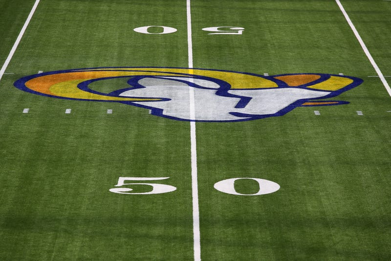 A general view of the Los Angeles Rams logo on the field prior to a Los Angeles Rams team scrimmage on August 29, 2020 in Inglewood, California. 