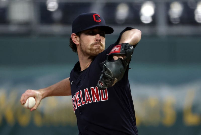 Shane Bieber delivers a pitch.