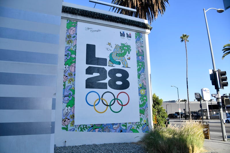 The LA28 Olympic mural by Artist Steven Harrington is displayed on the corner of Stanley street and Sunset Boulevard on September 01, 2020 in Los Angeles, California. 