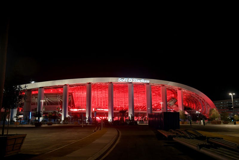 The SoFi Stadium is lit in red as venues nationwide participate in the Red Alert RESTART campaign to pressure Congress to provide financial help to entertainment and live event industry workers decimated by the coronavirus (COVID-19) pandemic on September 01, 2020 in Inglewood, California.