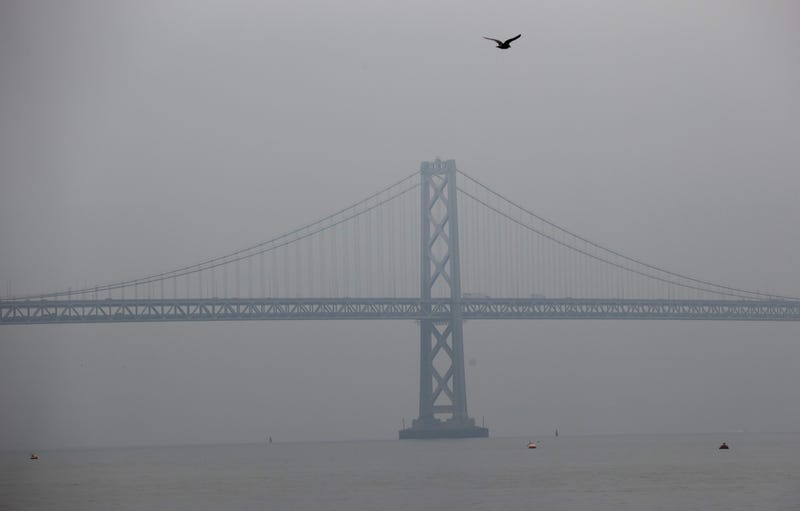 The San Francisco-Oakland Bay Bridge is seen through hazy and smoky conditions on September 03, 2020 in San Francisco, California.