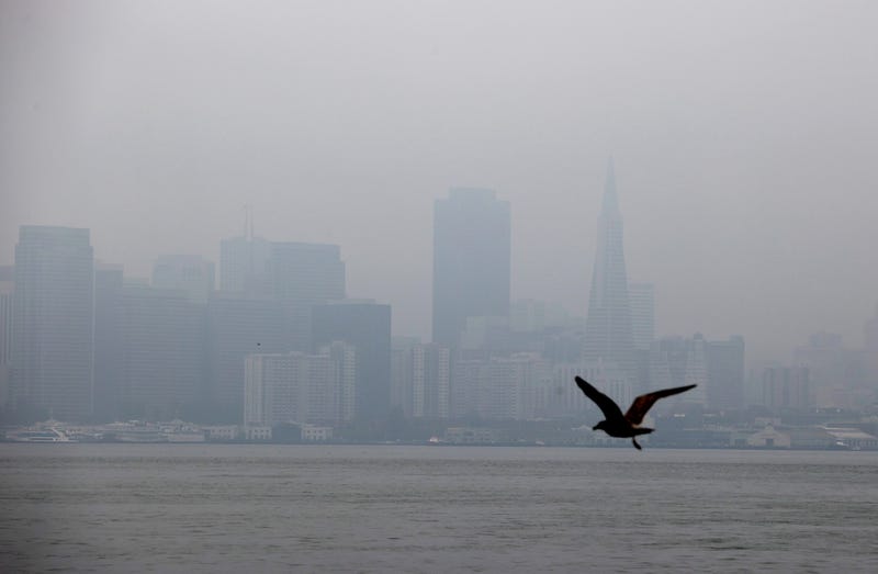 The San Francisco skyline is barely visible through hazy and smoky conditions on September 03, 2020 in San Francisco, California.