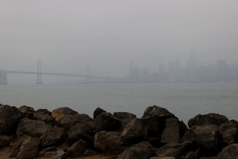 The San Francisco skyline is barely visible through hazy and smoky conditions on September 03, 2020 in San Francisco, California.