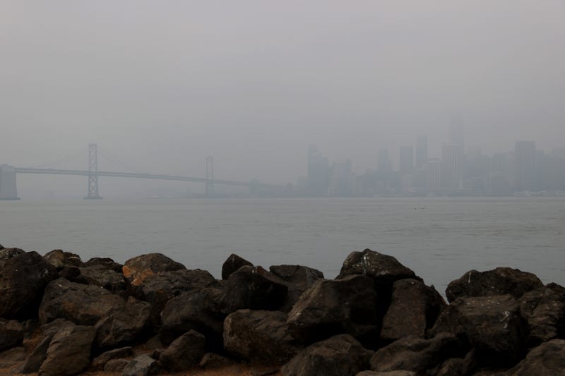The San Francisco skyline is barely visible through hazy and smoky conditions on September 03, 2020 in San Francisco, California. 