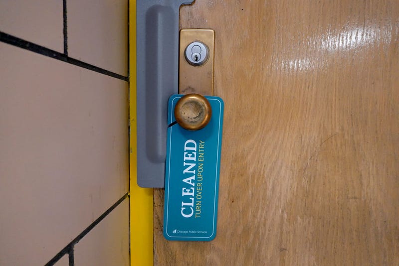 A sign on a classroom door at King Elementary School states the room has been cleaned as the school works to maintain a safe environment during the coronavirus pandemic on September 08, 2020 in Chicago, Illinois.