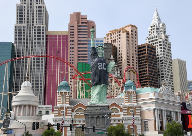 New York-New York Hotel & Casino's half-size replica of Lady Liberty wears a Las Vegas Raiders jersey to celebrate the NFL team's inaugural season on September 11, 2020 in Las Vegas, Nevada