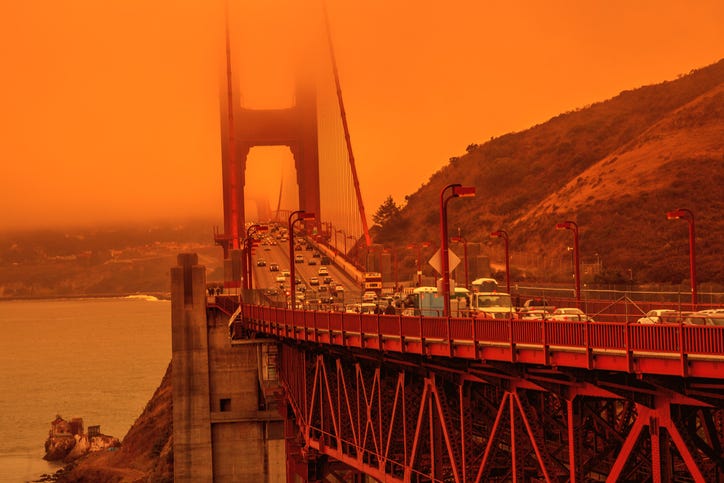 Golden Gate Bridge with haze from wildfires. 