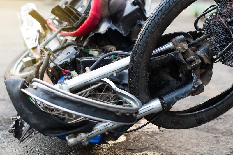 Close-up of the front of a destroyed motorcycle