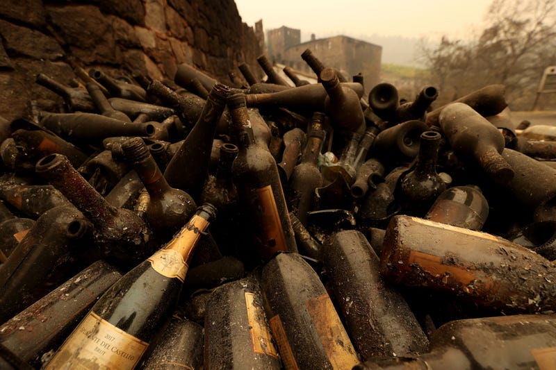 Burned bottles of wine sit in a pile at Castello di Amorosa that was destroyed by the Glass Fire on October 01, 2020 in Calistoga, California.