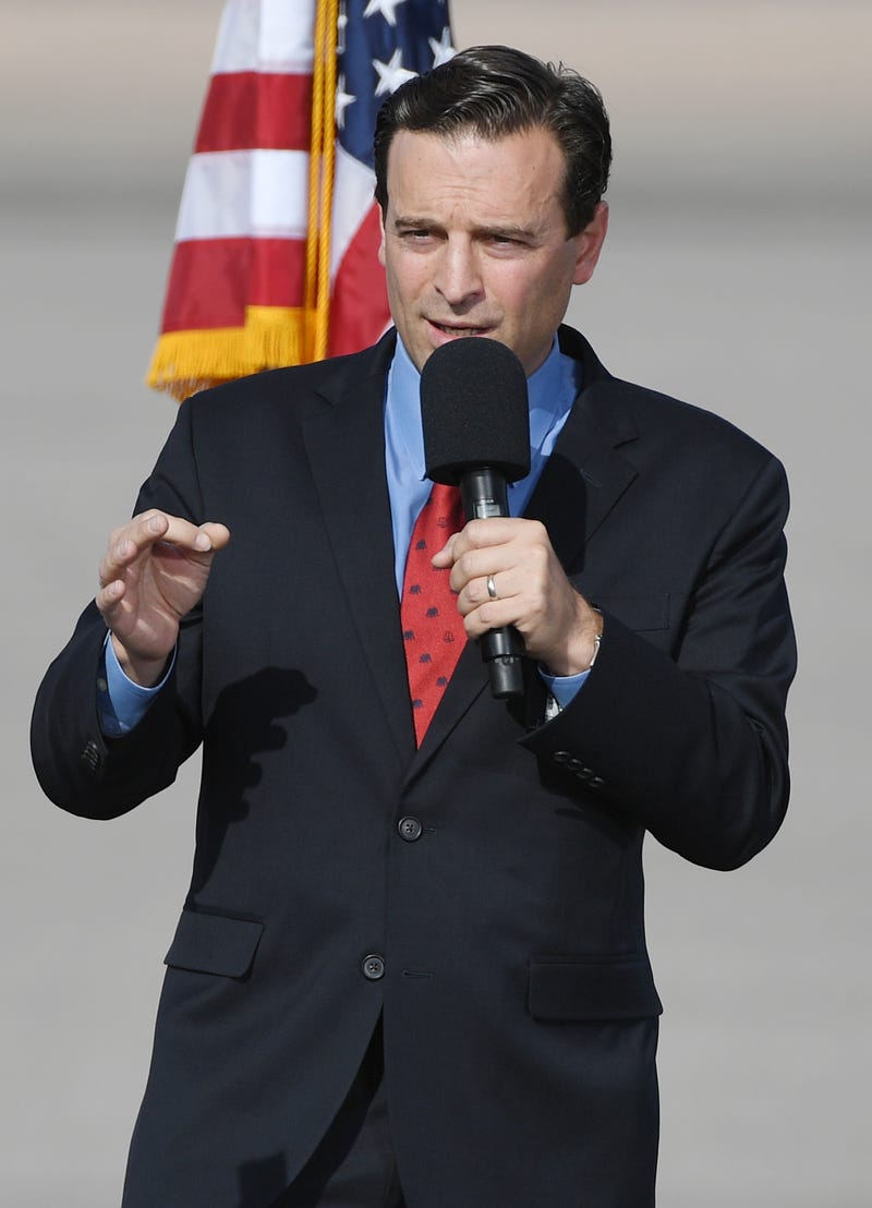 Donald Trump Nevada campaign co-chairman and former Nevada Attorney General Adam Laxalt speaks during a rally for U.S. Vice President Mike Pence at the Boulder City Airport on October 8, 2020