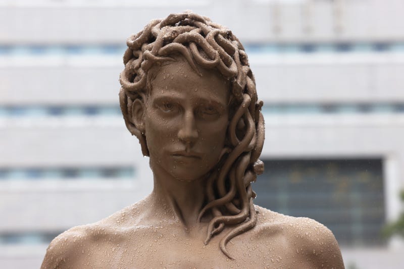 A detailed view of Medusa's head from the newly installed statue of "Medusa With The Head of Perseus" by Argentine-Italian artist Luciano Garbati stands in Collect Pond Park on October 13, 2020 in New York City.