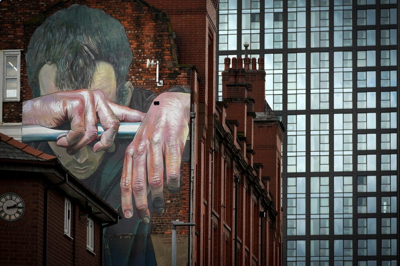 A mural by german artist Case depicts mental health issues on a wall in the city centre on October 15, 2020 in Manchester, England.
