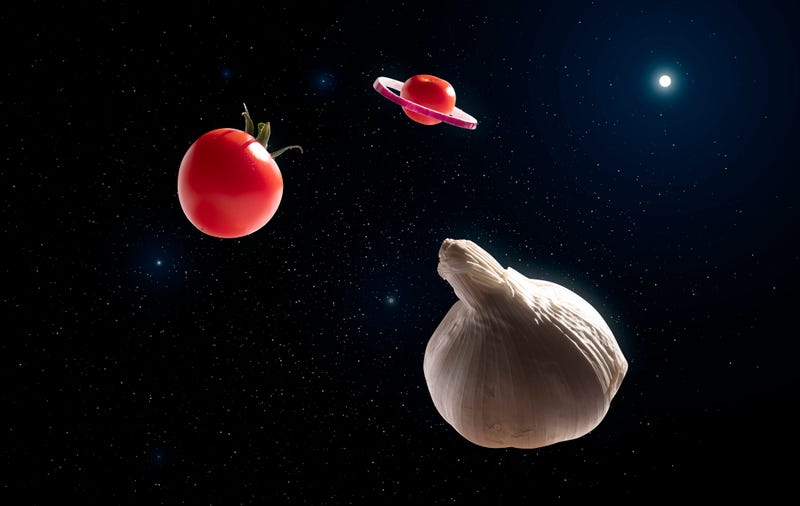 Tomatoes, red onion and a head of garlic floating in space.