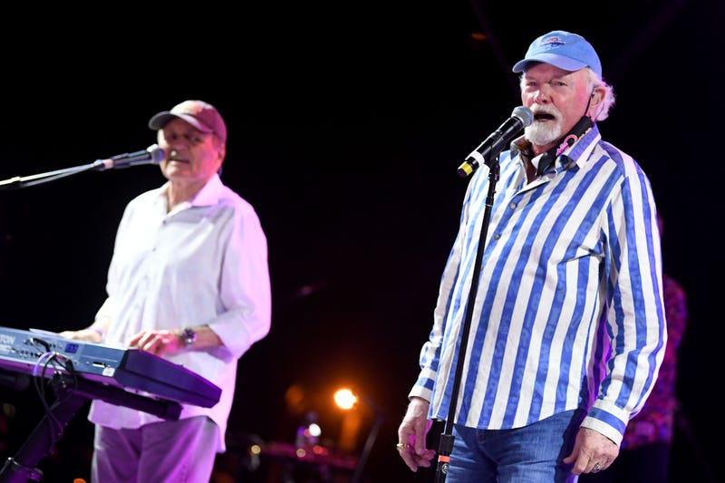 (L-R) Bruce Johnston and Mike Love perform onstage during Concerts In Your Car's The Beach Boys' Drive-in Concert at Ventura County Fairgrounds and Event Center on October 23, 2020 in Ventura, California.