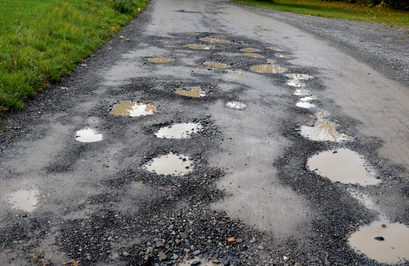 Potholes filled with water on road