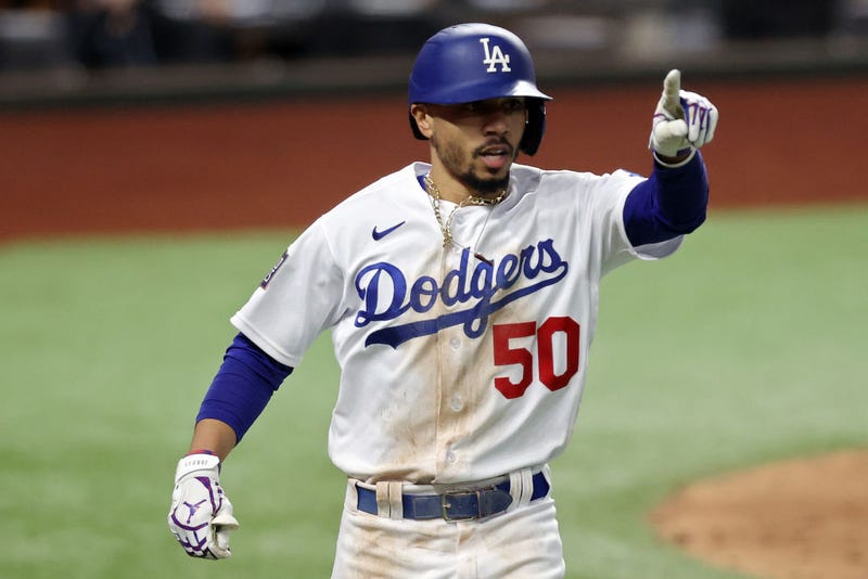 Mookie Betts celebrates during the World Series.