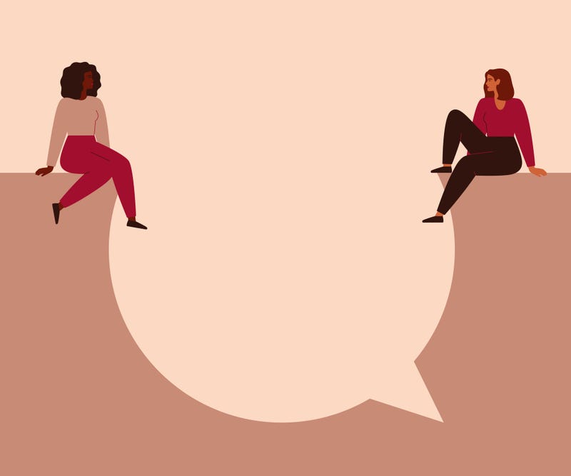 Friends art concept. Fiends sitting at different sides of text message bubble. 