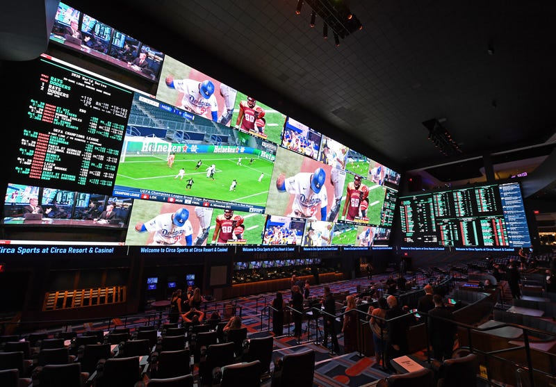 Guests watch Game Six of the World Series at the three-level Circa Sportsbook during the grand opening of Circa Resort & Casino on October 27, 2020 in Las Vegas