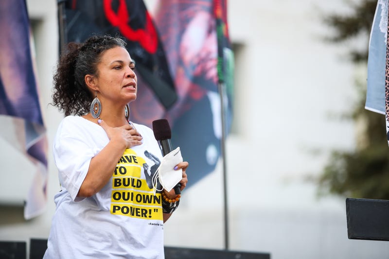 Melina Abdullah speaks during the BLD PWR and Black Lives Matter Los Angeles final march to the polls on October 28, 2020 in Los Angeles, California.