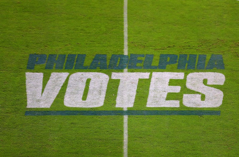 A general view of 'Philadelphia Votes' on the field prior to the game between the Dallas Cowboys and the Philadelphia Eagles at Lincoln Financial Field on November 01, 2020 in Philadelphia, Pennsylvania.