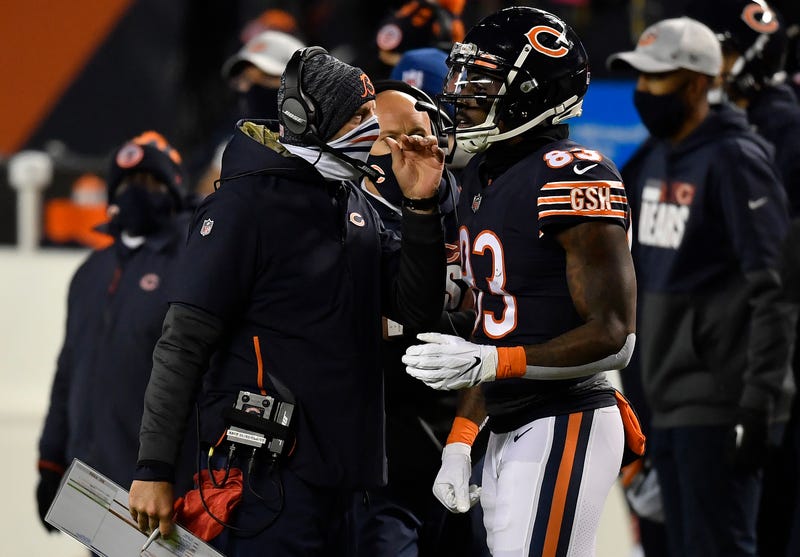 Head coach Matt Nagy talks with Javon Wims #83 of the Chicago Bears after he was disqualified from the game against the New Orleans Saints in the second half at Soldier Field on November 01, 2020 in Chicago, Illinois.