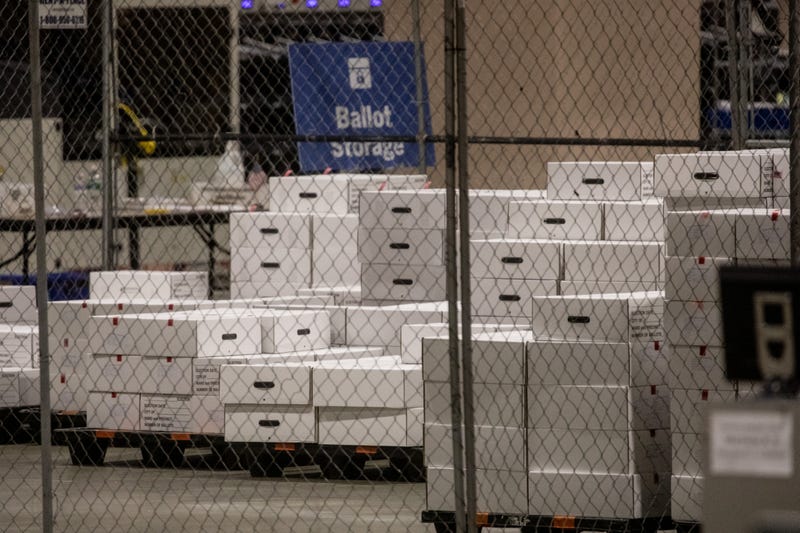 PHILADELPHIA, PENNSYLVANIA - NOVEMBER 06: Boxes of counted ballots are seen locked in the ballot storage area at the Philadelphia Convention Center on November 06, 2020 in Philadelphia, Pennsylvania. Joe Biden took the lead in the vote count in Pennsylvania on Friday morning from President Trump, as mail-in ballots continue to be counted in the battleground state.