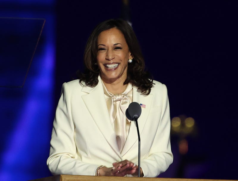 Vice President-elect Kamala Harris takes the stage before President-elect Biden addresses the nation from the Chase Center November 07, 2020 in Wilmington, Delaware.