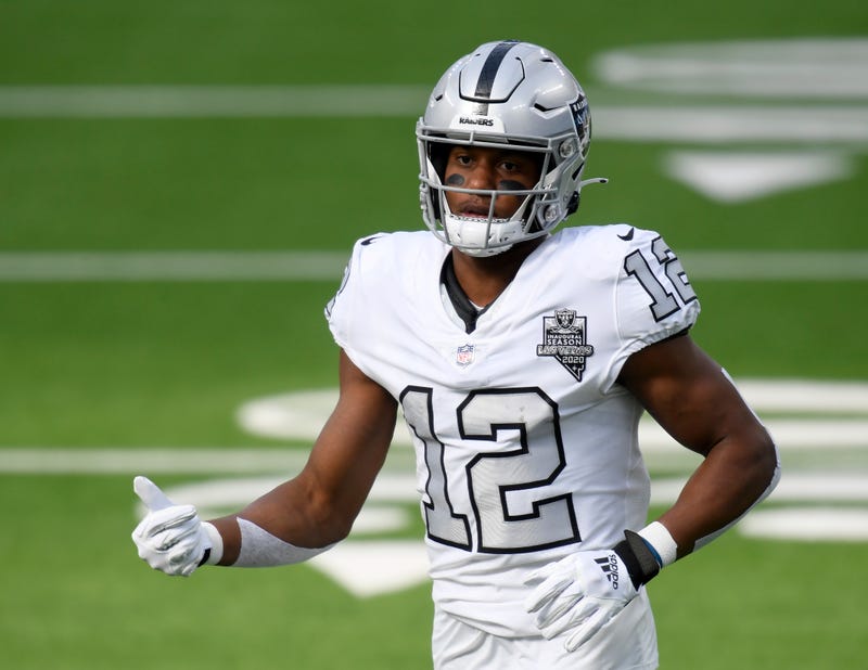Zay Jones #12 of the Las Vegas Raiders during warm up before the game against the Los Angeles Chargers at SoFi Stadium on November 08, 2020