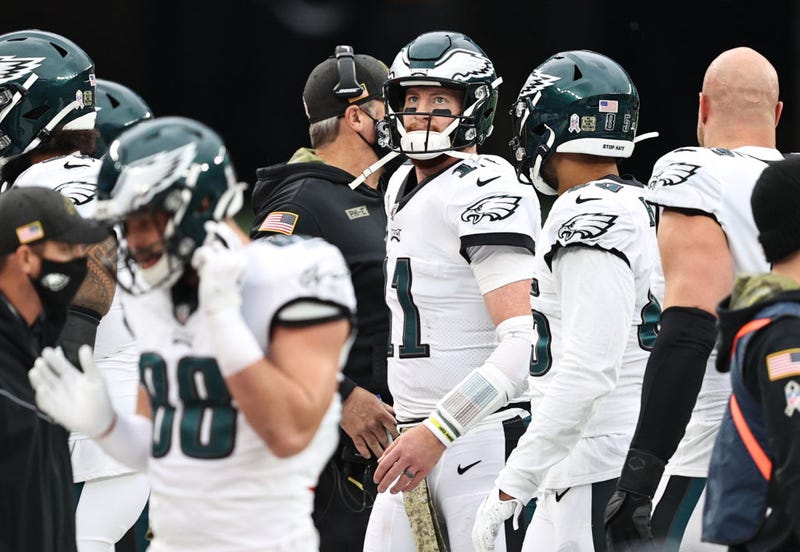 Carson Wentz of the Philadelphia Eagles looks on after coming off the field
