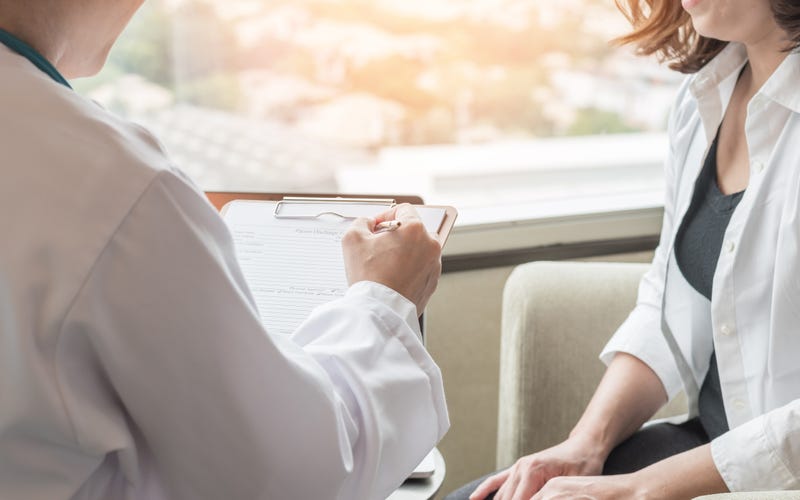 Breast cancer awareness in menopause woman who consulting with doctor diagnostic examining on obstetric - gynaecological female patient illness and health in medical clinic