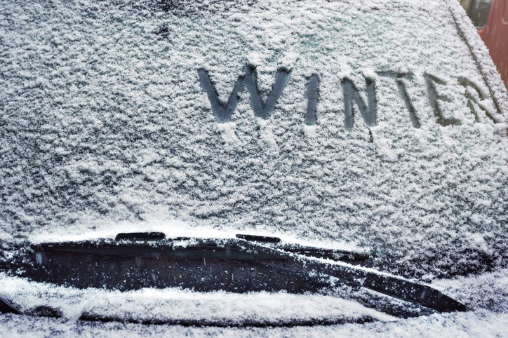 snow on windshield of car