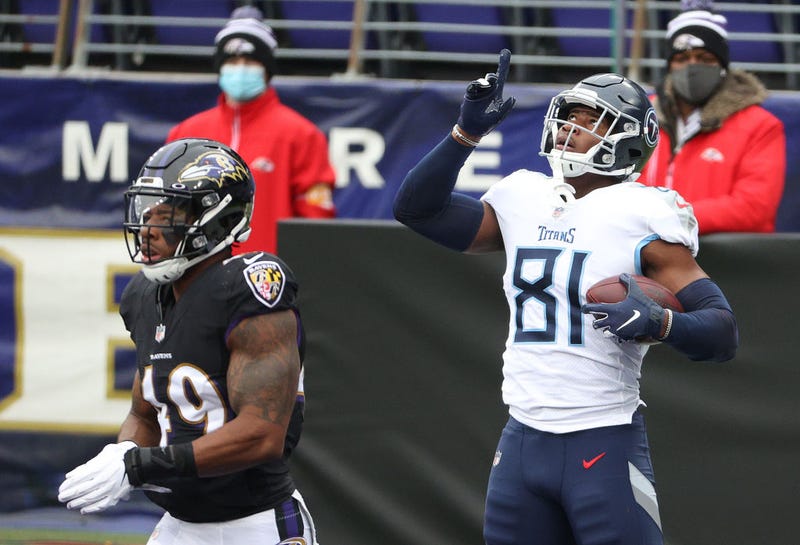Jonnu Smith reacts after catching the first touchdown of the 1:00 PM games.