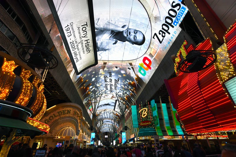 A tribute to tech entrepreneur Tony Hsieh is displayed on the Fremont Street Experience attraction's Viva Vision screen on November 28, 2020 in Las Vegas, Nevada