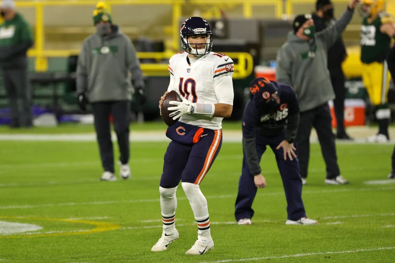 Mitchell Trubisky #10 of the Chicago Bears participates in warmups prior to a game against the Green Bay Packers at Lambeau Field on November 29, 2020 in Green Bay, Wisconsin. The Packers defeated the Bears 45-21.
