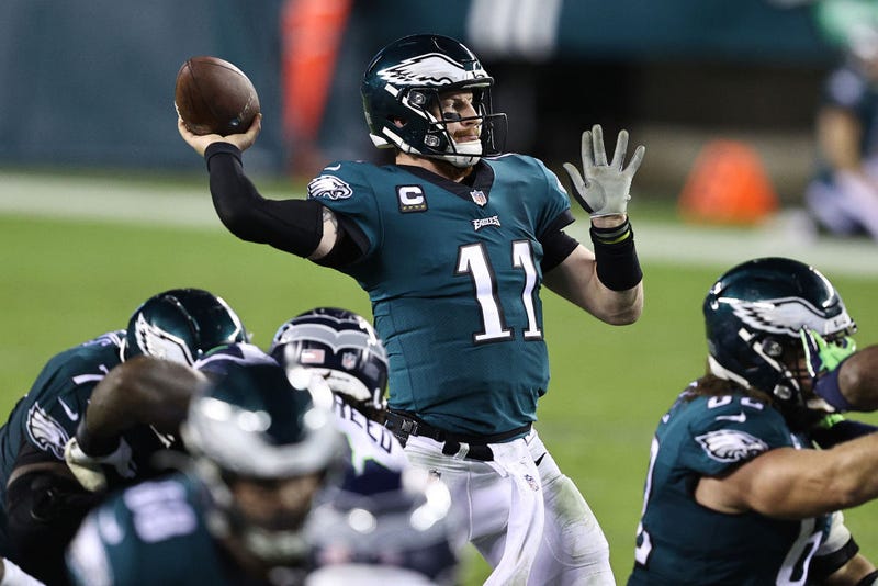 Carson Wentz #11 of the Philadelphia Eagles throws against the Seattle Seahawks 
