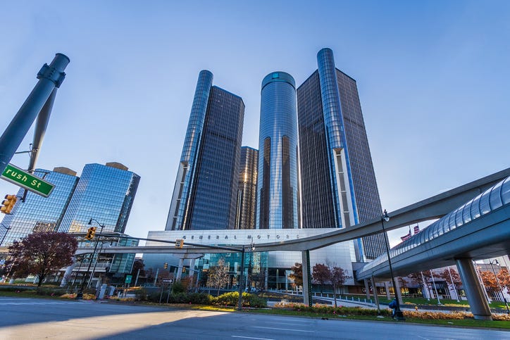 stock image of the Renaissance Center in Detroit