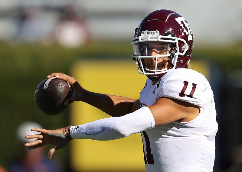 Former Texas A&M quarterback Kellen Mond attempting a pass.