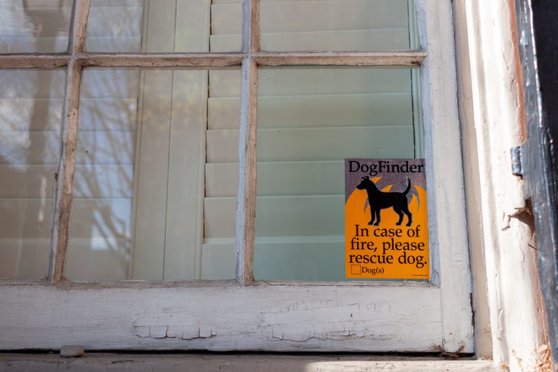 Alexandria, VA, USA 11-28-2020: A very useful window sticker placed on the glass window of an old house that has a dog figure on it and it says "In case of Fire, Please rescue the dog" as a warning.