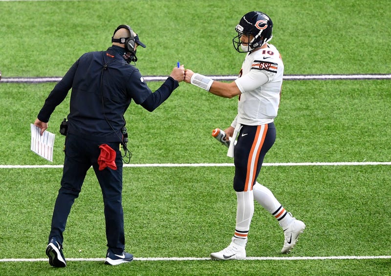 Head coach Matt Nagy of the Chicago Bears fist bumps Mitchell Trubisky #10 during the first half against the Minnesota Vikings at U.S. Bank Stadium on December 20, 2020 in Minneapolis, Minnesota.