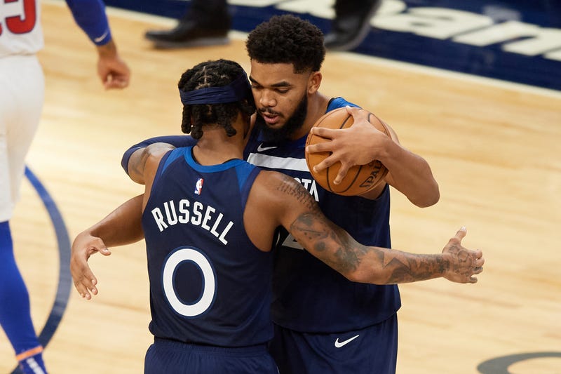 Timberwolves stars D'Angelo Russell and Karl-Anthony Towns.