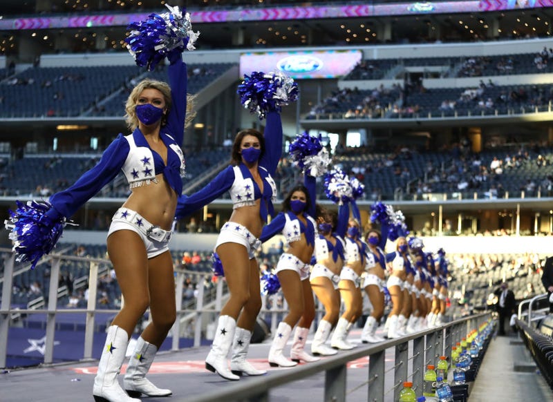 The Dallas Cowboys cheerleaders perform while wearing masks in the game against the Philadelphia Eagles at AT&T Stadium on December 27, 2020 in Arlington, Texas.