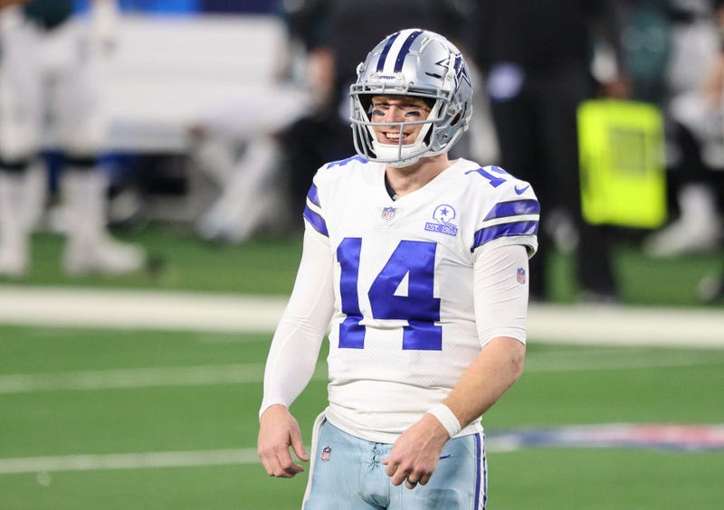 Andy Dalton #14 of the Dallas Cowboys reacts in the second half against the Philadelphia Eagles at AT&T Stadium on December 27, 2020