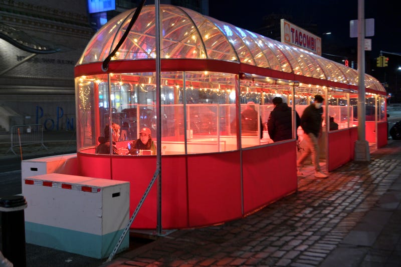 Customers are seen dining at Tacombi Restaurant in an outdoor structure on December 27, 2020 in the Brooklyn borough of New York City.