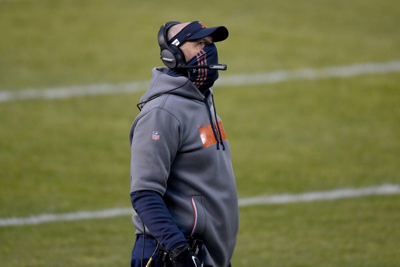 Head coach Matt Nagy of the Chicago Bears looks on from the sidelines against the Green Bay Packers during the first quarter in the game at Soldier Field on January 03, 2021 in Chicago, Illinois.