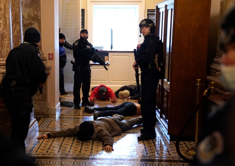 U.S. Capitol Police stand detain protesters outside of the House Chamber during a joint session of Congress on January 06, 2021 in Washington, DC. Congress held a joint session today to ratify President-elect Joe Biden's 306-232 Electoral College win over President Donald Trump. A group of Republican senators said they would reject the Electoral College votes of several states unless Congress appointed a commission to audit the election results. 