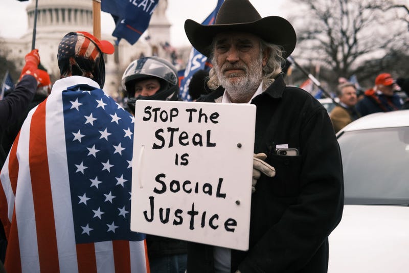 man with stop the steal sign on Jan 6 at the Capitol