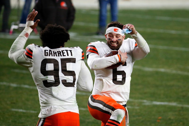Cleveland Browns stars Baker Mayfield and Myles Garrett celebrate.